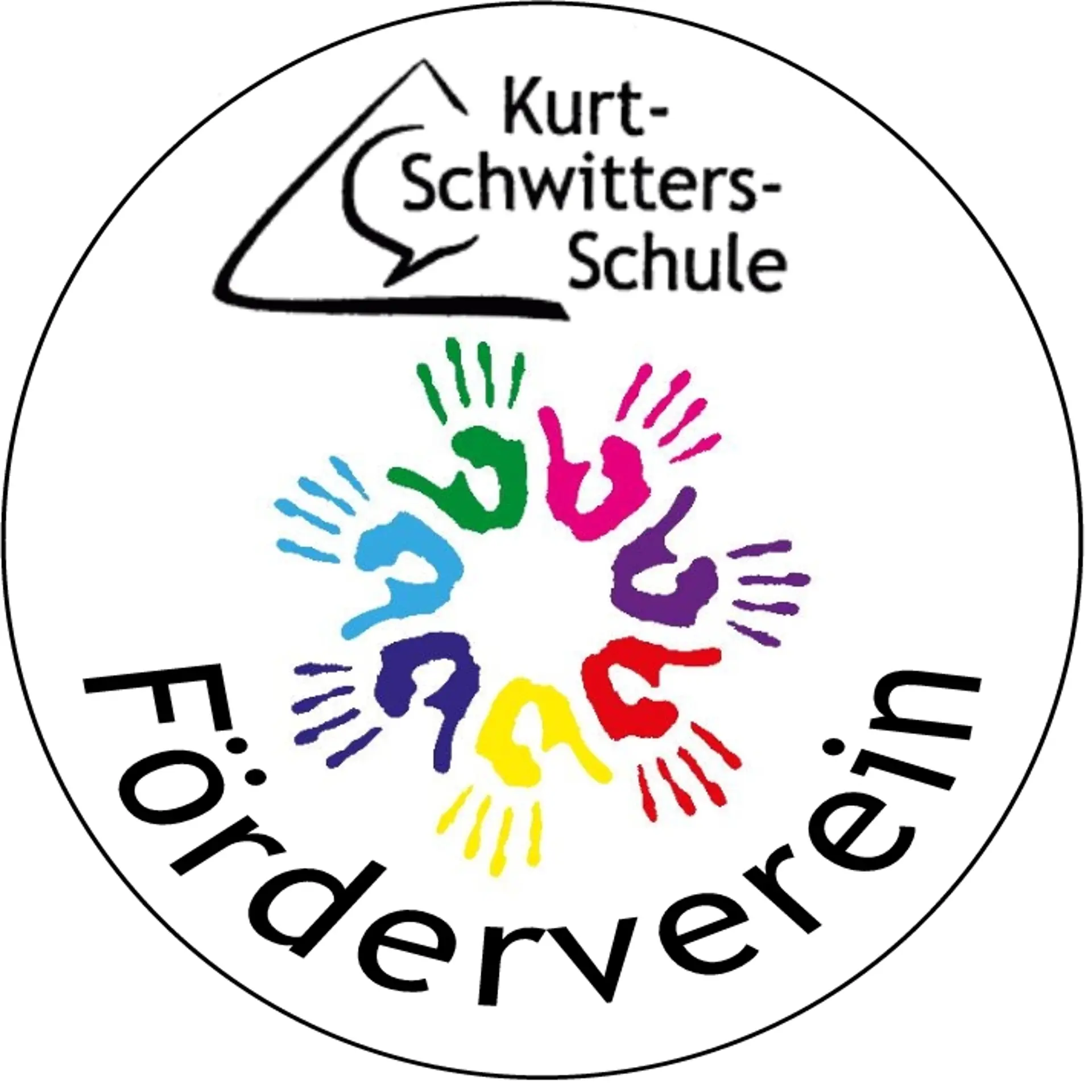 Das Logo des Fördervereins: In einem Kreis steht oben der Name der Schule. Darunter sieht man einen Kreis aus mehreren Farbhandabdrücken, darunter steht noch das Wort Förderverein.