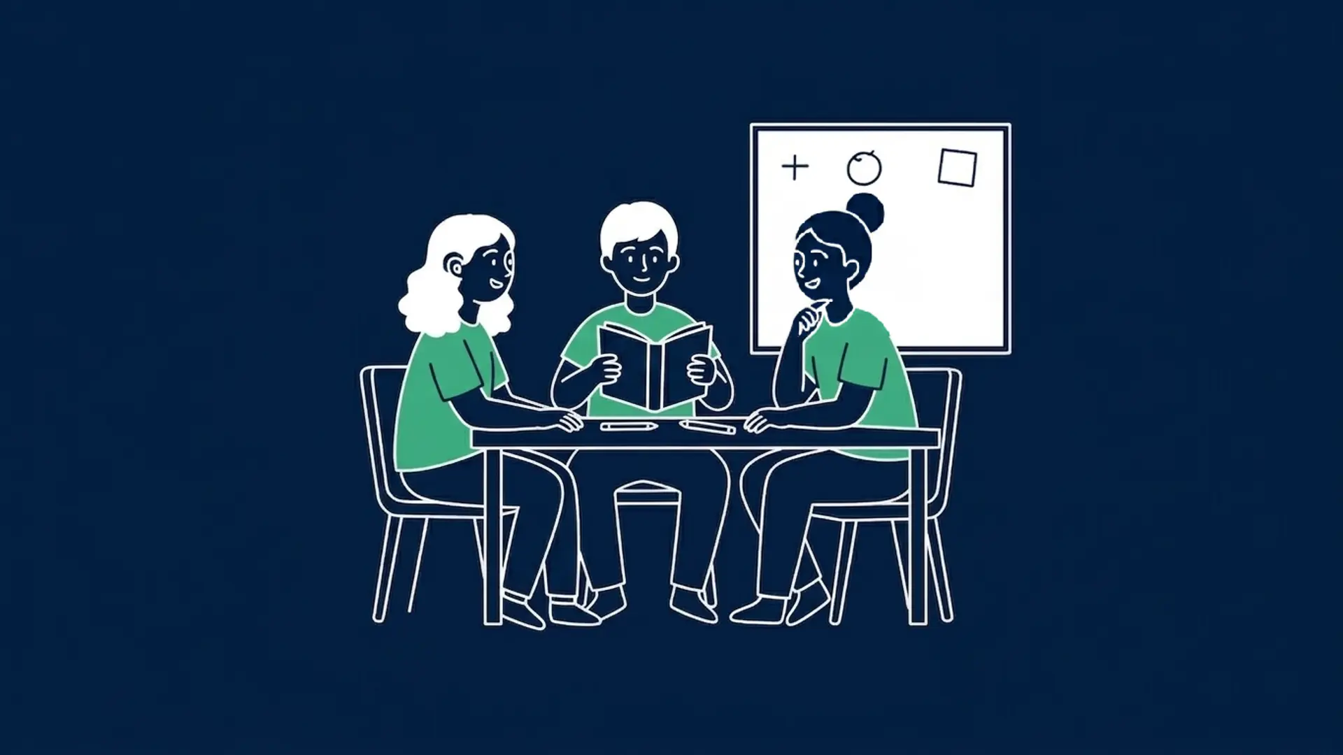 Illustration von drei Menschen, die an einem Tisch sitzen und zusammen lernen. Einer hat ein Buch aufgeschlagen. Hinter ihnen ist eine Schultafel zu sehen.