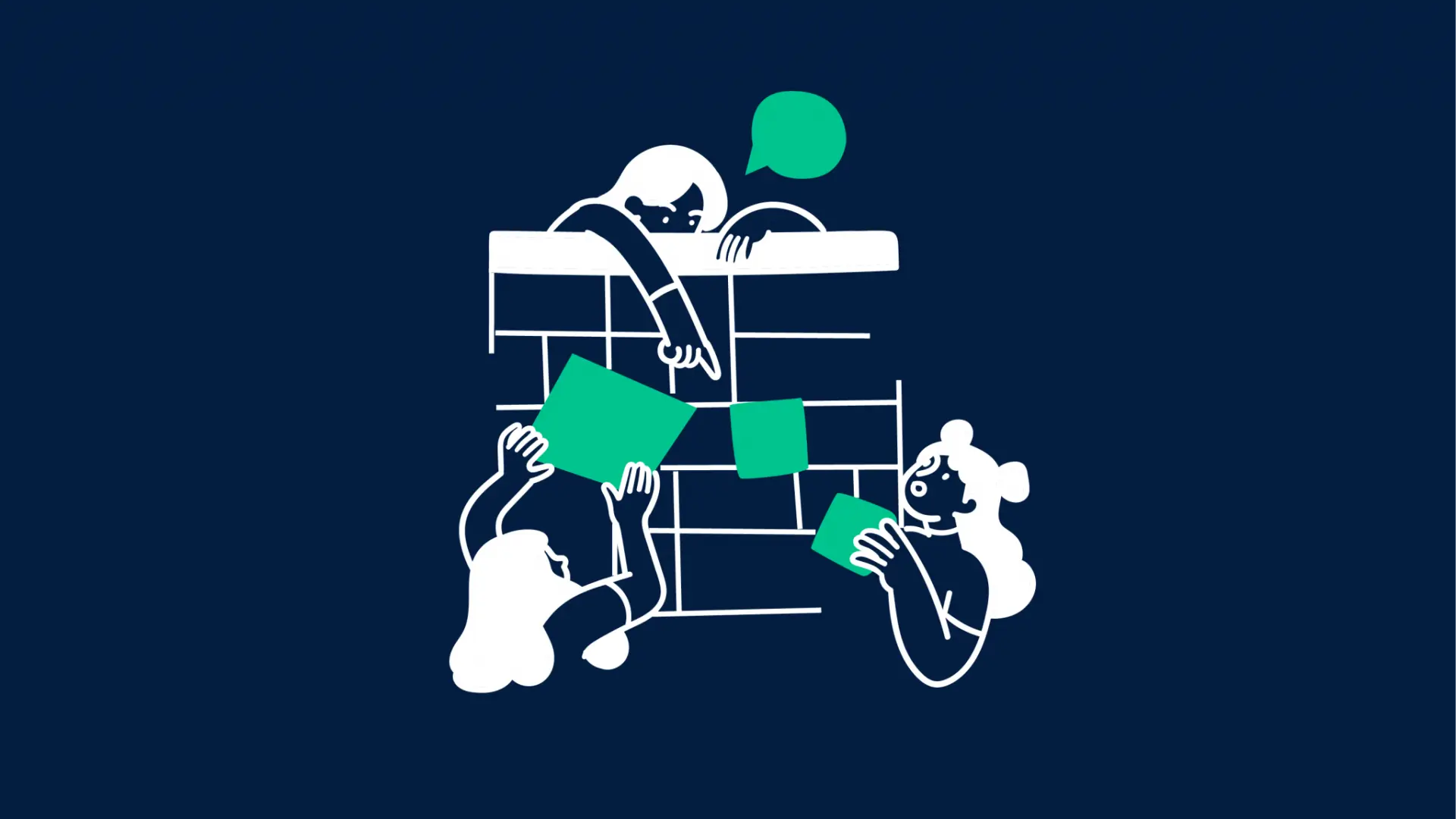 Illustration von drei Personen, die sich eine Tafel mit verschiedenen Blöcken anschauen und gemeinsam überlegen, wie sie diese Blöcke verteilen.