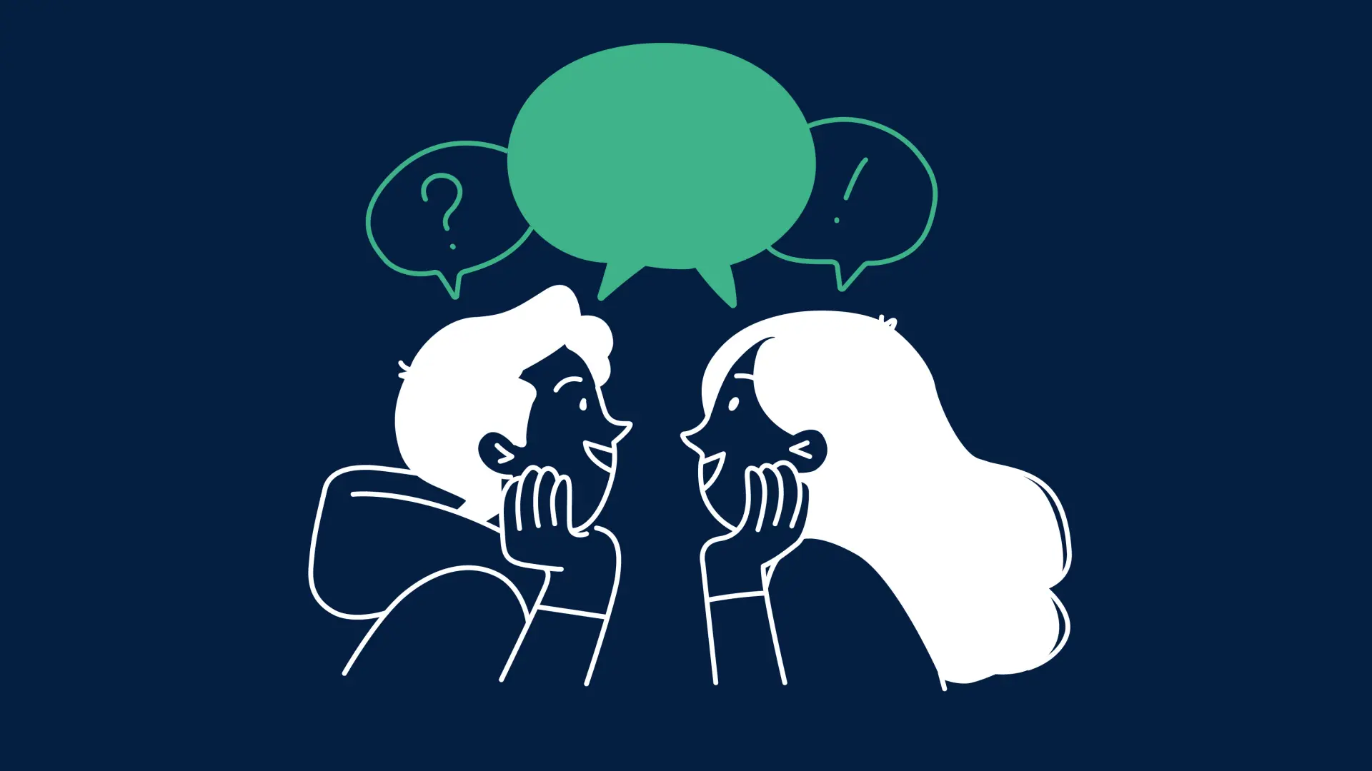 Illustration von zwei Menschen, die sich gegenübereinander sitzen, sich anlächeln und miteinander sprechen.