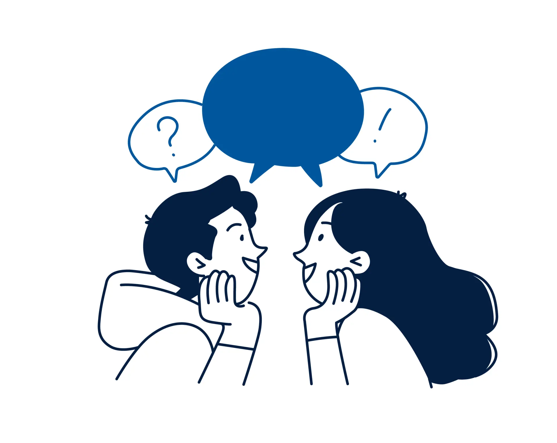 Illustration von zwei Menschen, die sich gegenübereinander sitzen, sich anlächeln und miteinander sprechen.