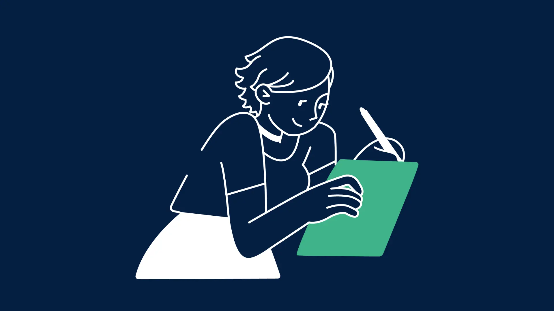 Illustration von einer Frau, die Blatt und Stift hält und sich etwas notiert.