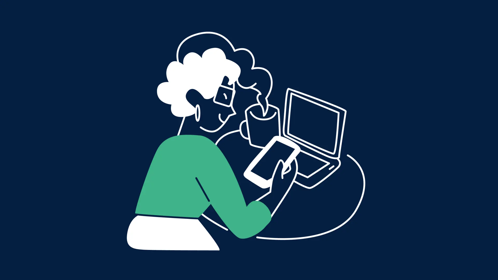 Illustration von einer Frau, die am Tisch sitzt und etwas auf ihrem Smartphone schaut. In der linken Hand hält sie eine Tasse mit einem heißen Getränk, vor ihr steht ein aufgeklappter Laptop.