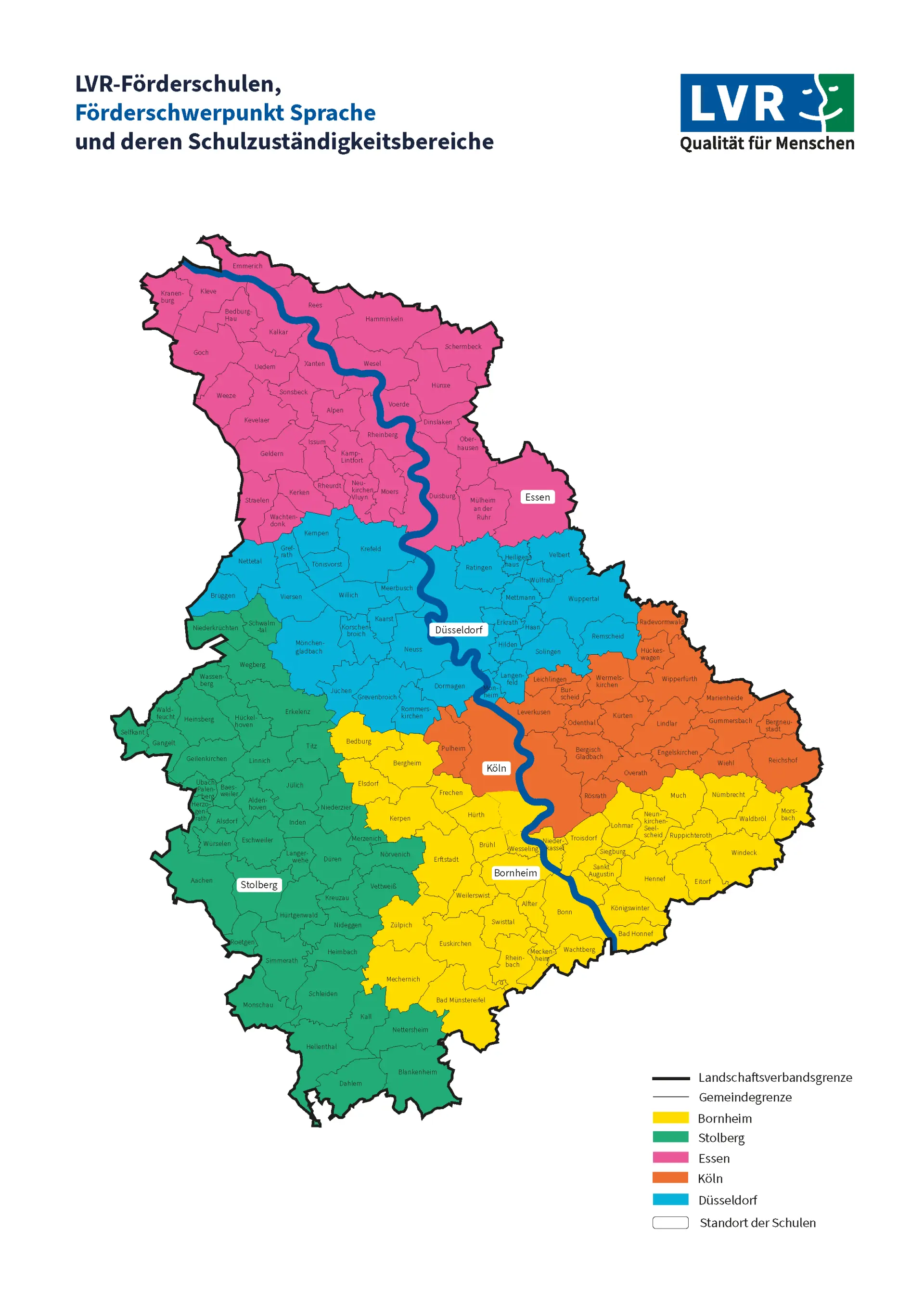 Illustration von einer Karte, die die fünf LVR-Förderschulen mit dem Förderschwerpunkt Sprache und deren Schulzuständigkeitsbereiche im Rheinland darstellt. Die Karte zeigt verschiedene Regionen in unterschiedlichen Farben, für die jeweils eine LVR-Schule in einer Stadt zugeordnet ist: Für die blaue Region ist die LVR-Schule in Düsseldorf zuständig; für die orangene Region die LVR-Schule in Köln; für die Grüne die LVR-Schule in Stolberg; für die Gelbe die LVR-Schule in Bornheim; für die Pinke die LVR-Schule in Essen. Oben rechts ist das Logo LVR Qualität für Menschen abgebildet.